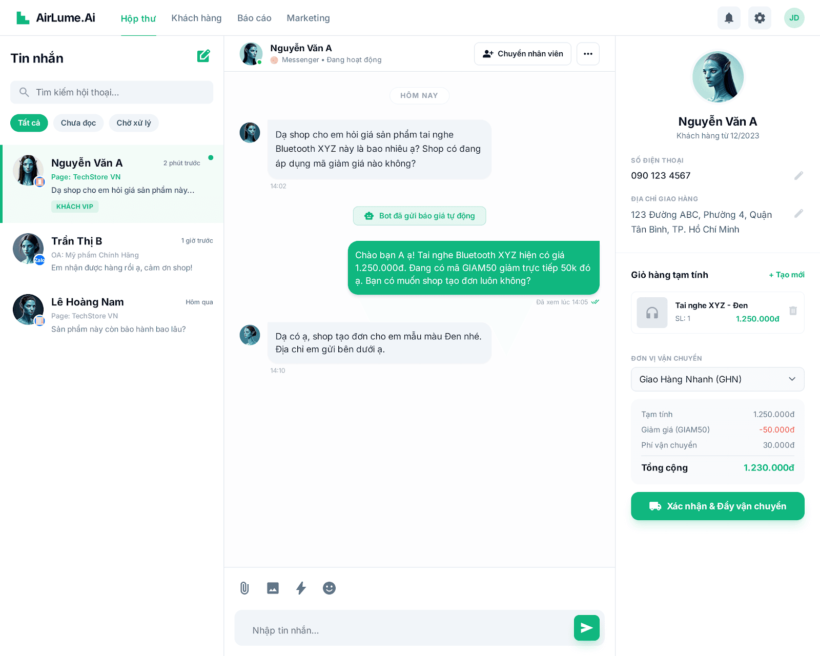Hộp thư hợp nhất — tin nhắn từ Messenger, Zalo, Telegram